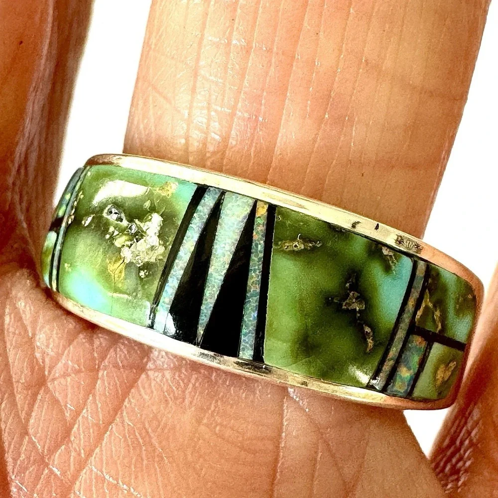 Navajo Inlay Sonoran Turquoise Opal Wedding Band Sz 9 9mm Ring Mens AT
